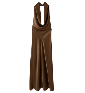 Detail of coffee satin halter midi dress with a silky texture and draped cowl neckline