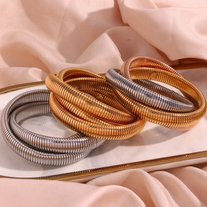 Detail showing elastic snake chain bracelets in gold silver and rose gold finishes