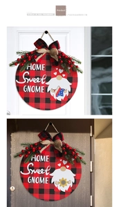 Detail of wooden gnome door hanger on white and dark doors with buffalo plaid pattern