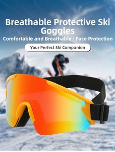 Detail view of colorful ski goggles with yellow frame and thick protective foam padding