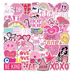 Detailed flat lay of pink aesthetic VSCO stickers featuring heart and sneaker designs