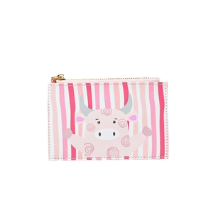 Pink and white striped mini coin purse with a cute cow pattern and gold zipper