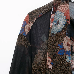 Elegant retro chiffon blouse with scarf collar featuring blue and red floral patterns
