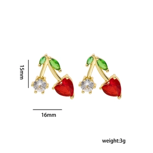 Elegant gold cherry stud earrings with red heart-shaped stones and green leaves