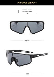 Front and side views of vintage rimless cycling sunglasses with black frame and grey lenses