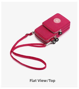 Macro shot of rose red nylon phone bag showing three-layer zippers and star logo