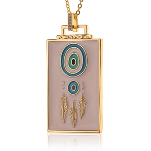 Gold evil eye rectangular pendant necklace with colorful enamel and feather charms