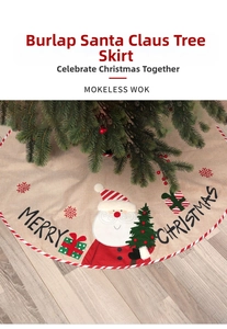 Detail of burlap Christmas tree skirt with Santa Claus embroidery and striped edge