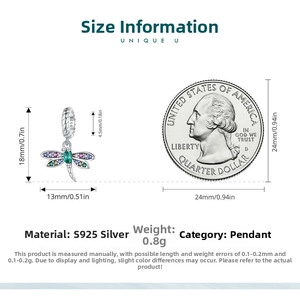 S925 sterling silver dragonfly charm size chart showing 18mm height and 4.5mm hole diameter