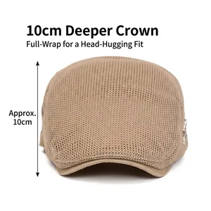 Men's breathable mesh flat cap in khaki with 10cm depth for a snug fit