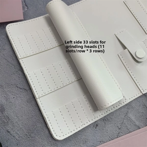 White PU leather nail drill bit organizer case with 33 slots and metal snap button