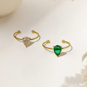French style titanium steel adjustable rings with green and white teardrop zircons