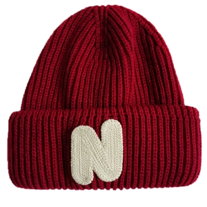 Kids warm knit beanie in burgundy featuring a stylish white letter N patch on the fold