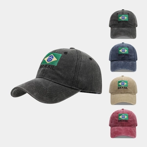 Casquette De Baseball En Coton Lavé Broderie Drapeau Brésil Vintage Distressed Boucle Métallique Réglable