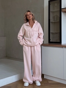 Sweat-Shirt À Demi-Zippé Pour Femmes Et Pantalon Droit Coton Brodé Lettre Rose Streetwear Décontracté Sportif