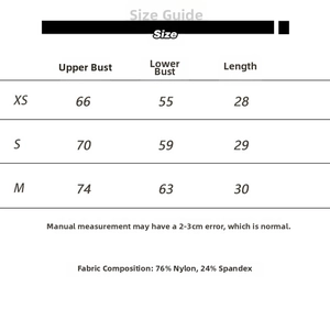 Size chart detail for high elastic bandeau top showing bust measurements and fabric content