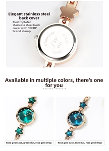 Detail of starfish watch with stainless steel back and rose gold bracelet in green and blue