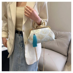 Elegant light blue shell bag with peony embroidery and tassel for vintage style