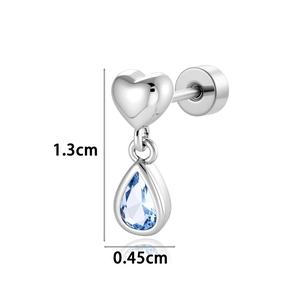 Silver heart stud earring with blue teardrop pendant and sizing dimensions 1.3cm