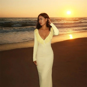 Women Long Sleeve Maxi Dress Ruffle Deep V Neck Slim Fit Solid Color Polyester Spandex Sexy Bodycon Streetwear