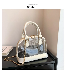 Close-up of white transparent shell bag featuring PVC material and gold metal chain
