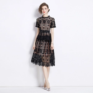 Elegant black hollow out floral lace midi dress with short sleeves and waist belt