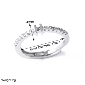 Detailed size map of silver letter H ring showing 4mm width and 17mm inner diameter