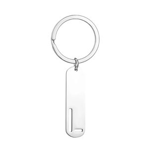 Close-up of silver stainless steel keychain with hollow letter L rectangular tag