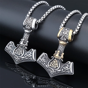 Vintage stainless steel Mjölnir pendant with Valknut engravings and square pearl chain