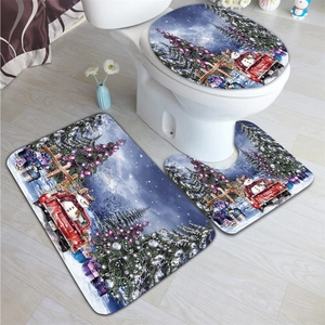 Three-piece Christmas bathroom mat set with vintage truck and snowman festive prints