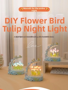 Detail of DIY tulip night lights with bird flower base in pink, orange and blue colors