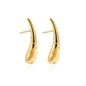 Elegant 18K gold plated S925 silver curved drop earrings with delicate inlaid pearls