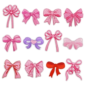 Pink Bow Embroidered Patches Iron On Fabric Applique Decorative Repair Stickers For Clothing Jackets Bags Backpacks