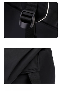 Detail of adjustable strap buckle and reinforced stitching on durable black backpack
