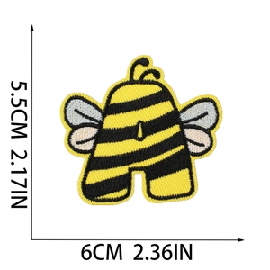 Detailed size view of yellow bee embroidery patch showing 6cm width and 5.5cm height