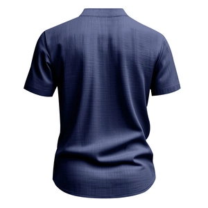 Rear view of deep blue linen blend shirt showing breathable cotton-linen texture detail
