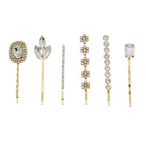 Set of 6 gold hair clips with clear crystals and rhinestones in various geometric shapes