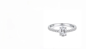 Detail of S925 sterling silver ring with 1ct oval moissanite and diamond cut finish