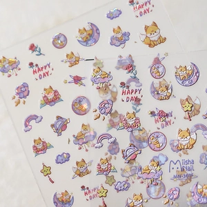 Cute Shiba Inu and celestial star nail stickers with laser holographic metal finish