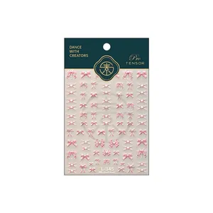 Pink 3D relief bow nail art stickers with pearl accents for sweet manicure decoration