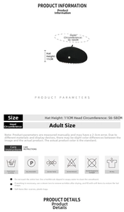 Size chart for wool beret featuring 56-58cm head circumference and pearl detail