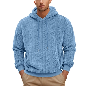 Close-up of sky blue teddy fleece hoodie with cable knit pattern and soft texture detail