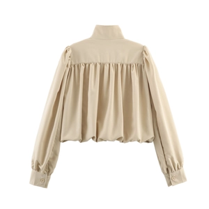 French retro light khaki high neck jacket with gathered pleated back design for women