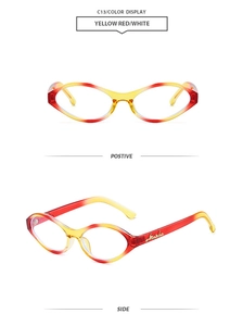 Detail view of oval cat-eye sunglasses with yellow-red gradient frame from multiple angles