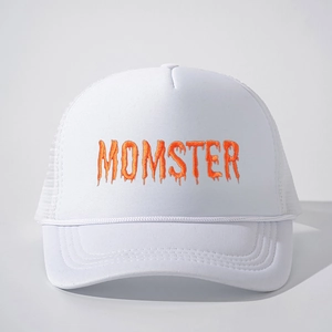 White trucker hat with orange MOMSTER embroidery and breathable mesh back for Halloween