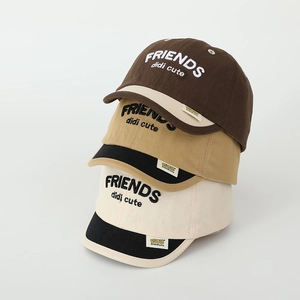 Kids FRIENDS letter embroidered baseball caps in brown, khaki, and cream colors