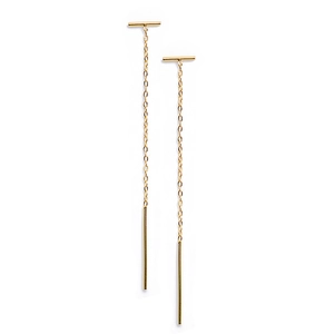 Minimalist gold threader earrings with T-bar and long cylinder tassels on white background