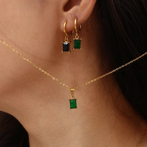 French style gold geometric earrings and necklace set with emerald green zircon gemstones