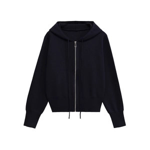 Women's casual navy knit zip-up hoodie with adjustable drawstring and ribbed cuffs