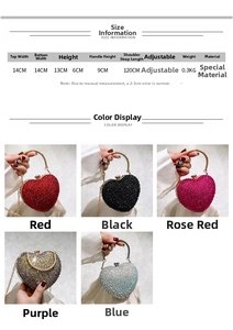 Size guide for heart-shaped rhinestone evening bag with dimensions and color options